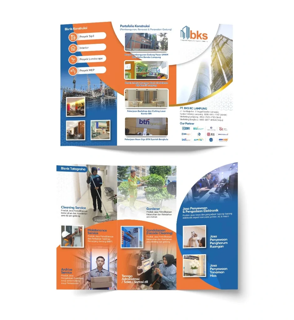 Desain brosur profil perusahaan PT BKS Lampung mencakup layanan konstruksi, desain interior, dan jasa cleaning service dengan layout modern biru oranye.