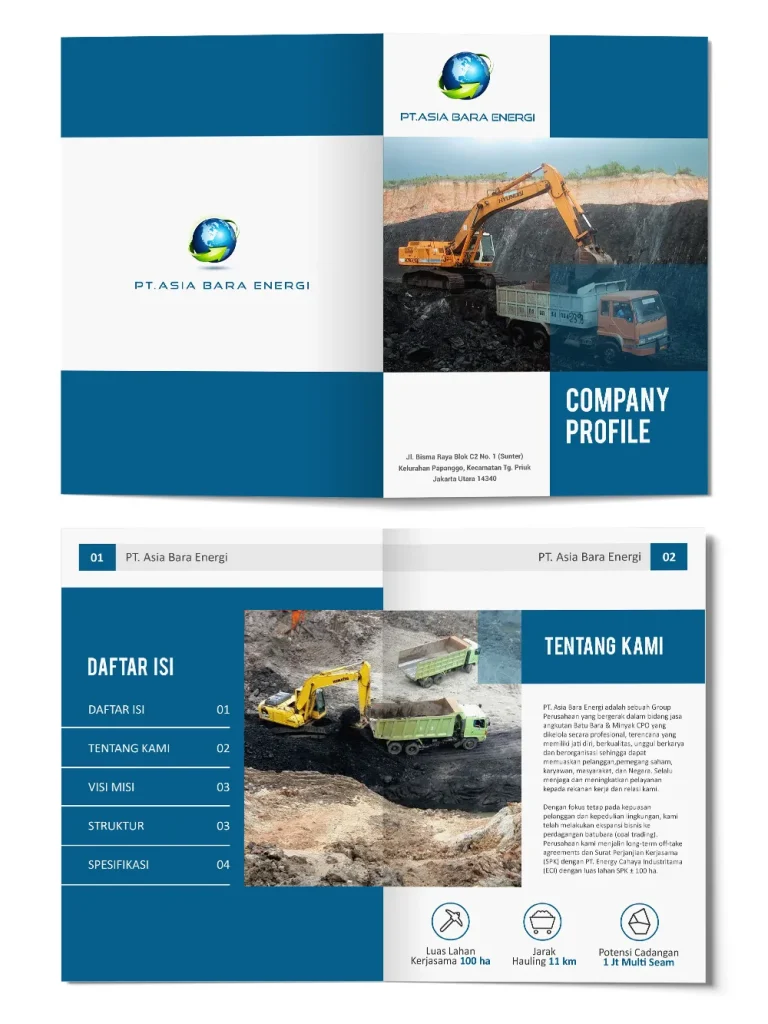 Portofolio desain company profile perusahaan tambang PT Asia Bara Energi dengan dominasi warna biru dan putih profesional.
