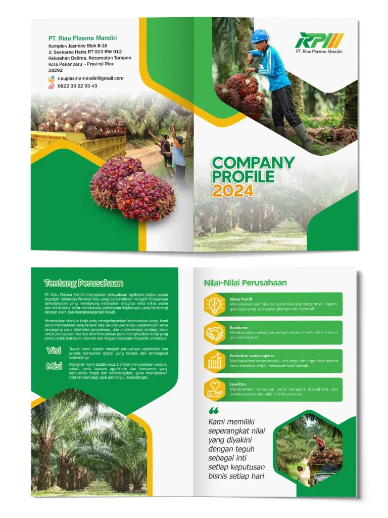 Portofolio desain company profile perusahaan sawit PT Riau Plasma Mandiri dengan tema hijau agribisnis.