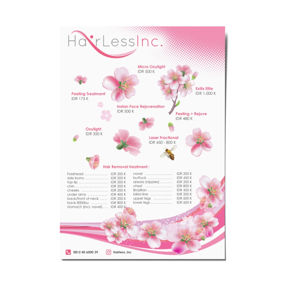 Desain flyer daftar harga layanan HairLessInc, menampilkan menu Hair Removal Treatment, berbagai perawatan wajah (Peeling, Oxylight, Rejuvenation), dengan estetika bunga sakura pink yang elegan.