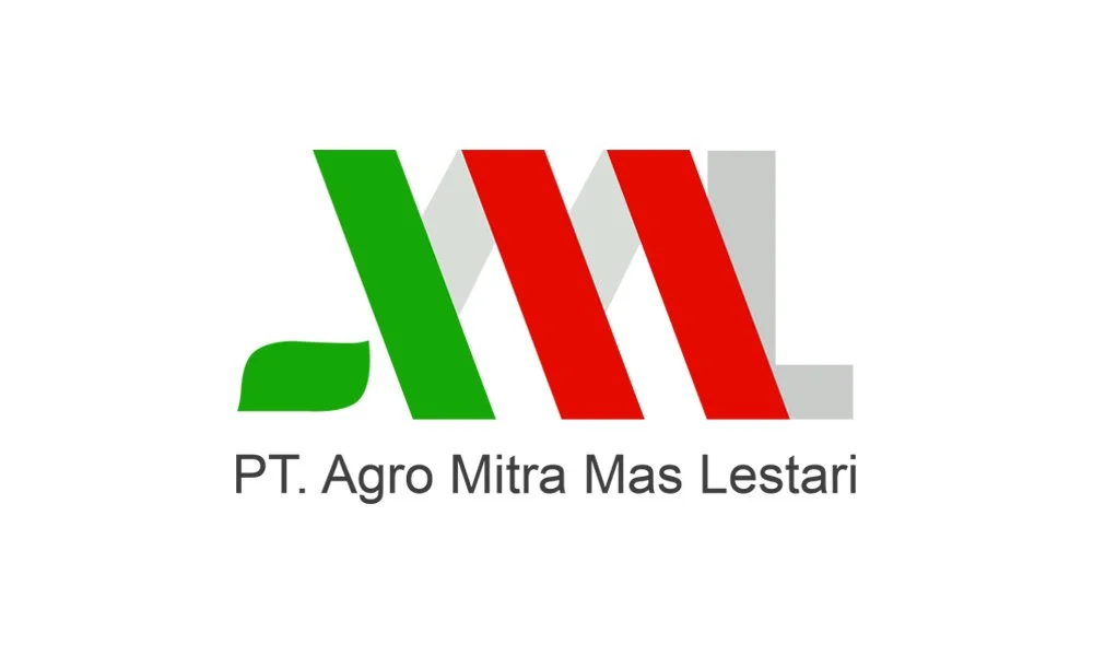 Portofolio Desain Logo Perusahaan PT Agro Mitra Mas Lestari Banyuasin dengan monogram huruf A hijau, M merah, dan L abu-abu.
