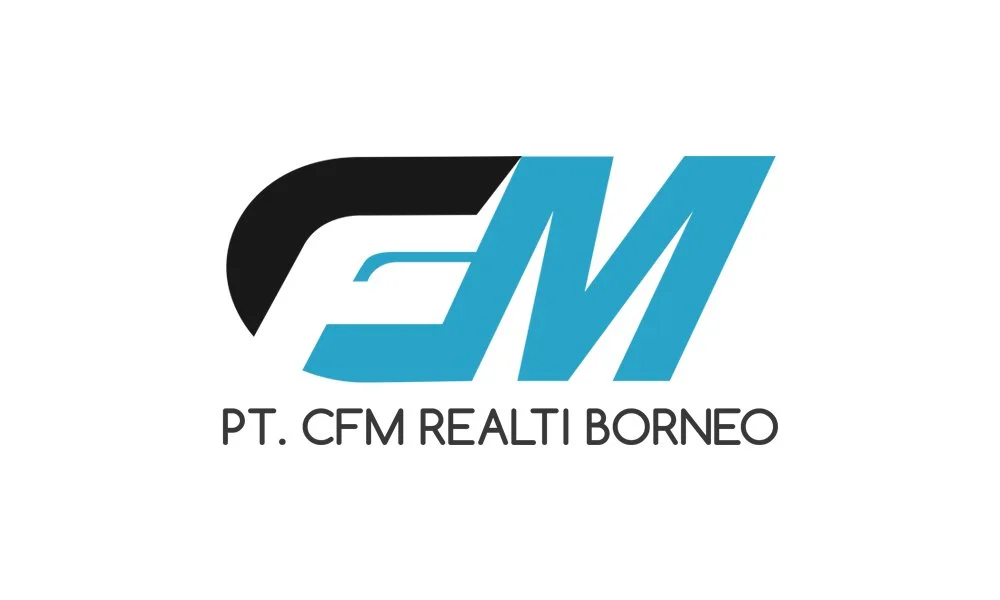 Portofolio Desain Logo Perusahaan PT CFM Realti Borneo Jakarta dengan monogram huruf C hitam, M biru, dan siluet ruang negatif huruf F putih.