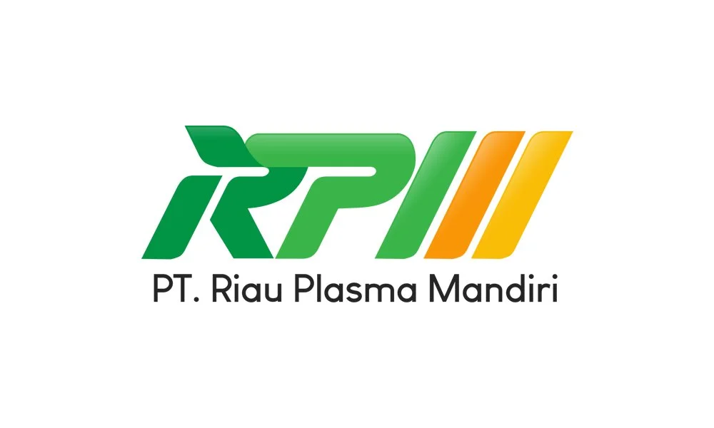 Portofolio Desain Logo PT Riau Plasma Mandiri dengan monogram geometris inisial huruf RPM menggunakan gradasi warna hijau dan kuning emas.