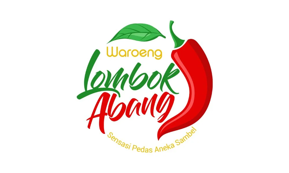 Portofolio Desain Logo Restoran Waroeng Lombok Abang Ponorogo dengan ilustrasi cabai merah besar, daun hijau, dan tipografi kustom dinamis.