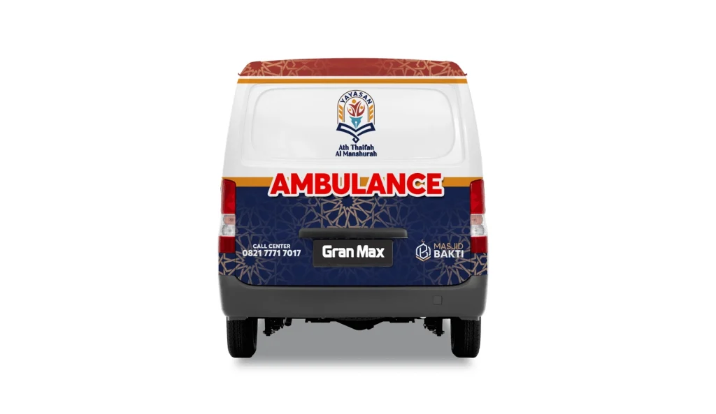 Desain stiker bagian belakang mobil ambulans Gran Max Yayasan Ath Thaifah Al Manshurah dan Masjid Bakti dengan motif geometris islami berwarna biru tua dan emas.
