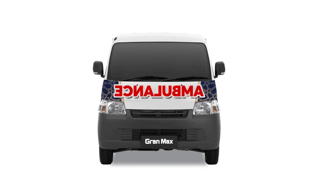 Desain stiker kap mesin mobil ambulans Gran Max dengan tulisan "AMBULANCE" terbalik (mirrored) dan aksen pola geometris biru-emas.