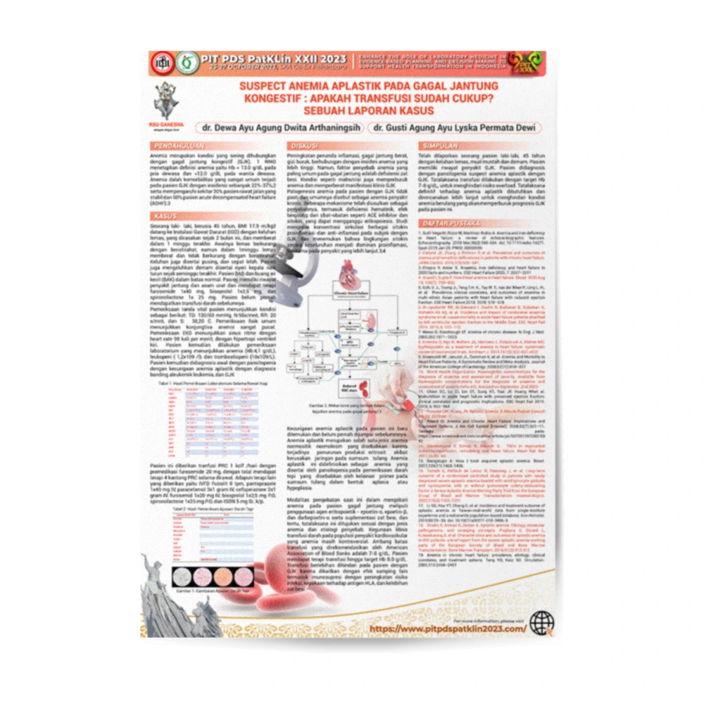 Desain poster ilmiah laporan kasus suspek anemia aplastik pada pasien gagal jantung kongestif untuk presentasi PIT PDS PatKLin XXII 2023, menampilkan data laboratorium, diagram patofisiologi, pembahasan klinis, dan referensi ilmiah.