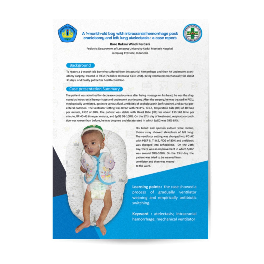 Desain poster ilmiah case report bayi dengan intracranial hemorrhage pasca kraniotomi dan left lung atelectasis untuk presentasi konferensi kedokteran di Lampung, Indonesia.