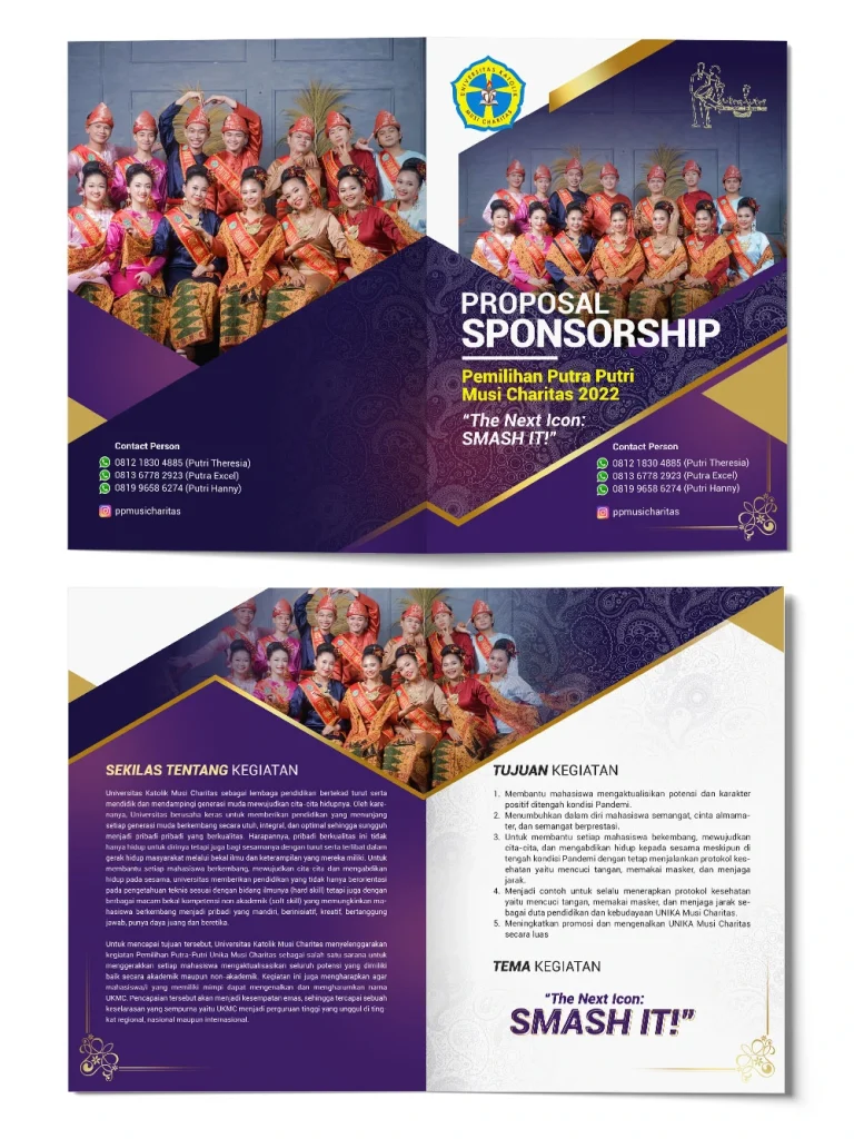 Desain proposal sponsorship Pemilihan Putra Putri Musi Charitas 2022 dengan layout profesional berwarna navy dan gold, menampilkan foto mahasiswa berprestasi.