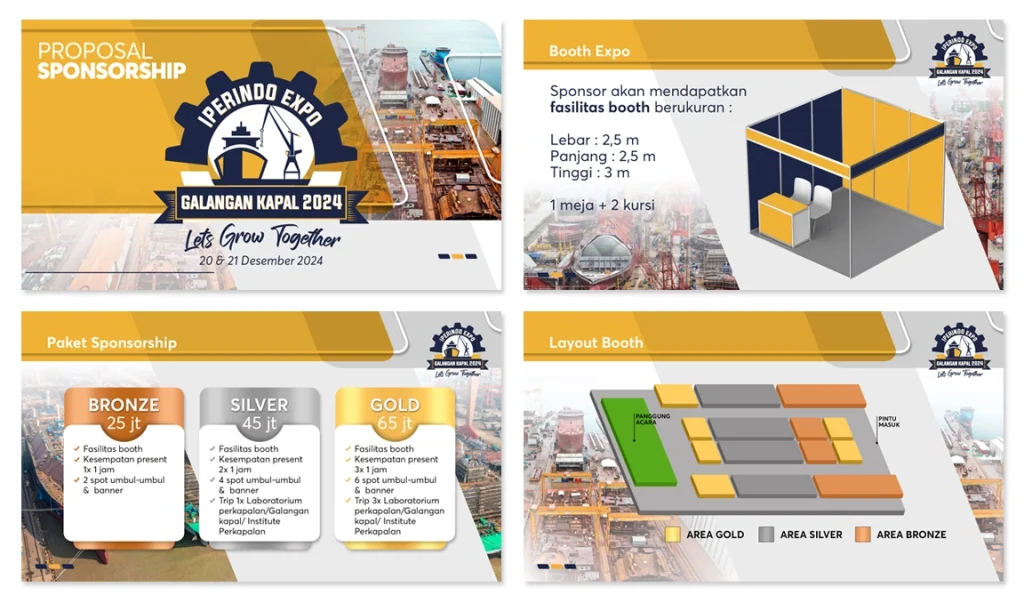 Desain slide proposal sponsorship untuk Iperindo Expo Galangan Kapal 2024 yang menampilkan informasi paket booth, kategori sponsor (Bronze, Silver, Gold), dan layout lokasi pameran.
