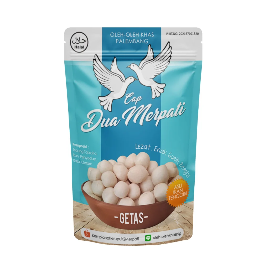 Desain kemasan pouch Getas ikan khas Palembang merek Cap Dua Merpati, produk oleh-oleh dengan kemasan modern dan praktis.