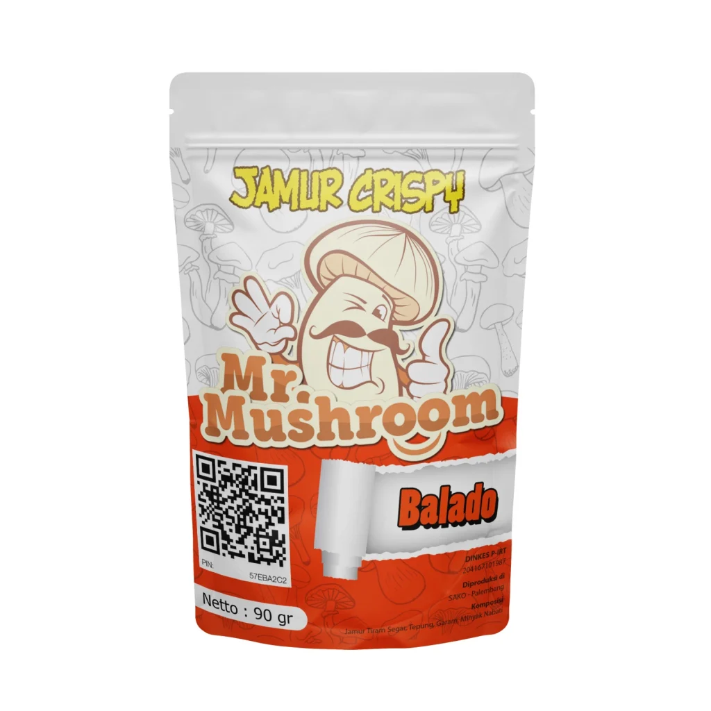 Desain kemasan pouch Jamur Crispy Mr. Mushroom varian Balado dengan sistem branding karakter maskot.