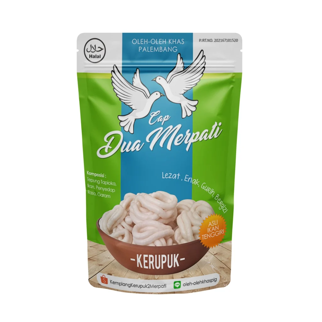 Desain kemasan pouch Kerupuk ikan khas Palembang merek Cap Dua Merpati, produk oleh-oleh dengan identitas visual yang konsisten.
