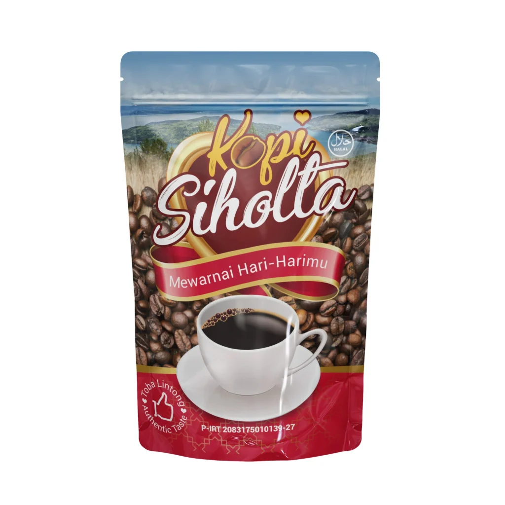 Desain kemasan pouch Kopi Siholta Toba Lintong, menampilkan ilustrasi pemandangan Danau Toba dengan branding premium untuk produk kopi autentik.