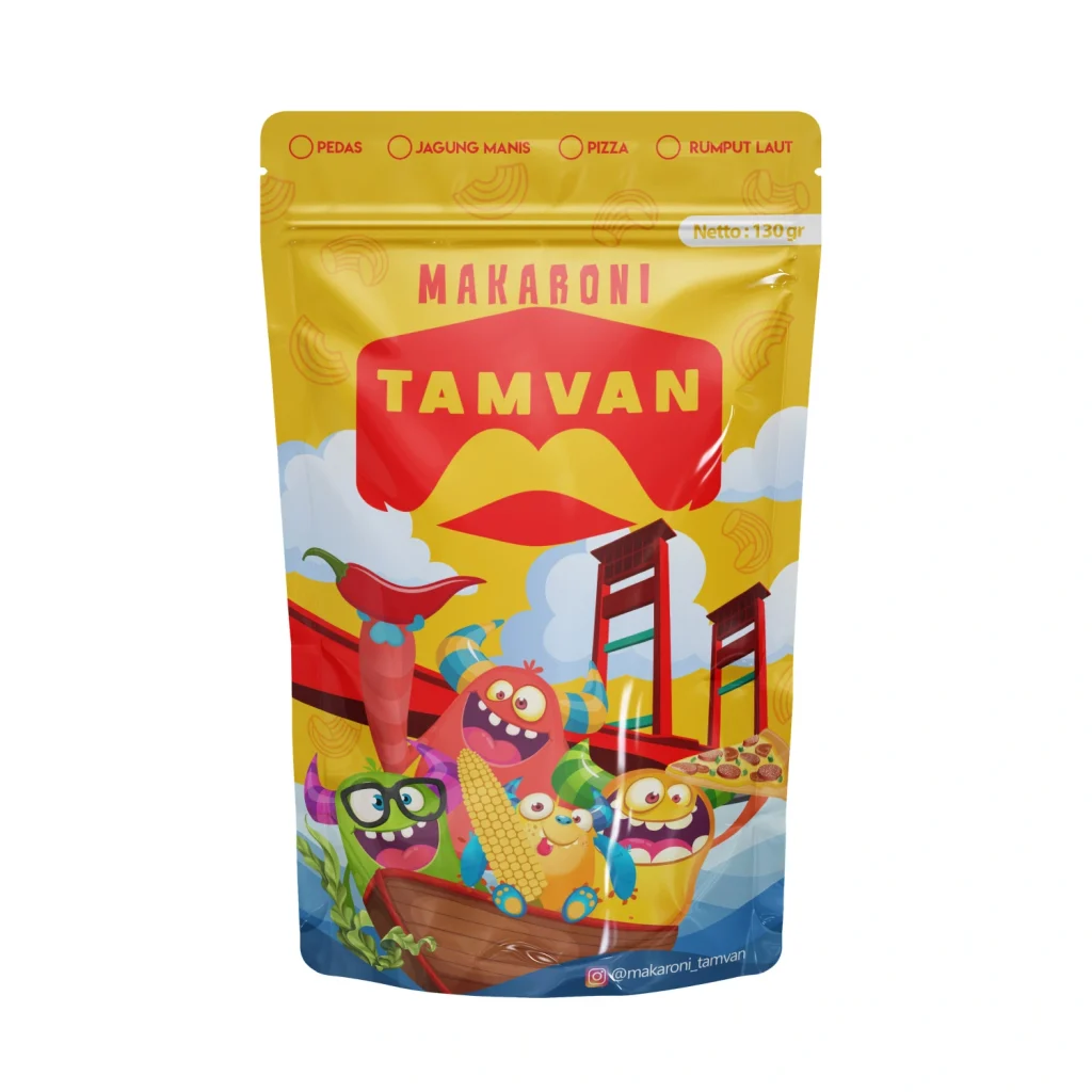 Desain kemasan pouch Makaroni Tamvan, menampilkan ilustrasi monster lucu dan Jembatan Ampera khas Palembang untuk kemasan camilan yang ceria.