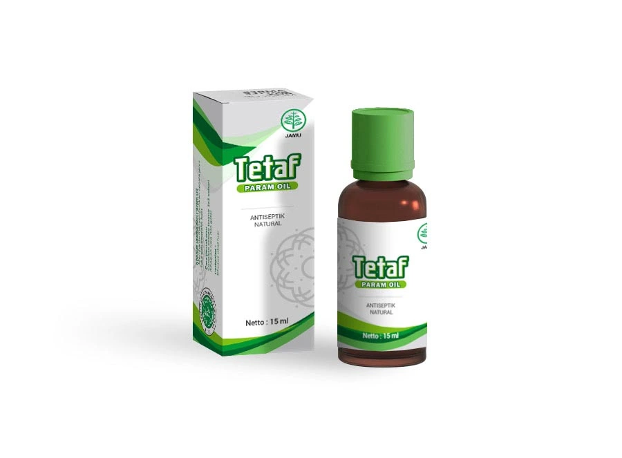 Desain kemasan Tetaf Param Oil, antiseptik natural dengan identitas brand yang bersih, higienis, dan profesional untuk produk herbal kesehatan.