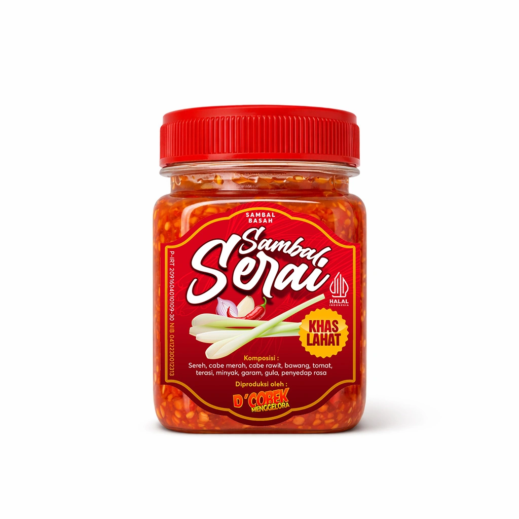 Portofolio desain sticker kemasan botol sambal serai Khas Lahat D'Cobek Menggelora, menampilkan ilustrasi bahan segar dan informasi legalitas P-IRT.