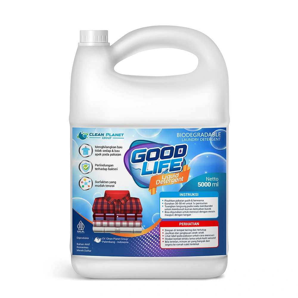 Portofolio desain sticker kemasan jerigen Goodlife Liquid Detergent 5000 ml, menampilkan panduan instruksi cuci dan informasi perlindungan antibakteri.
