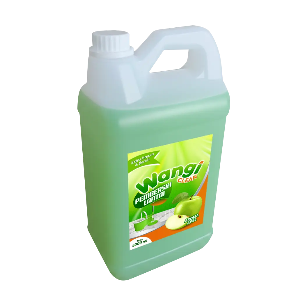 Portofolio desain sticker label kemasan jerigen pembersih lantai Wangi Clean 5000 ml aroma apel, menampilkan ilustrasi buah apel hijau segar dan alat pel.