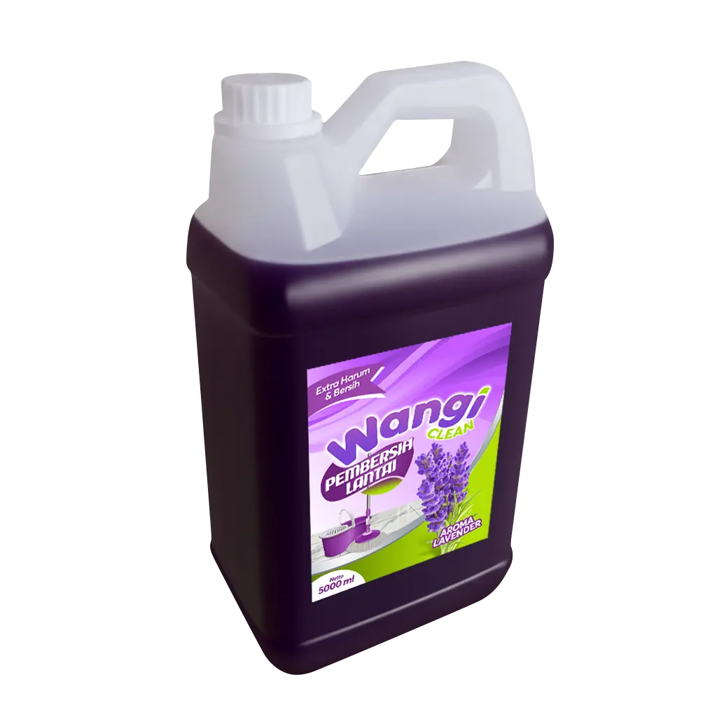 Portofolio desain sticker label kemasan jerigen pembersih lantai Wangi Clean 5000 ml aroma lavender, menampilkan ilustrasi bunga lavender ungu dan alat pel.