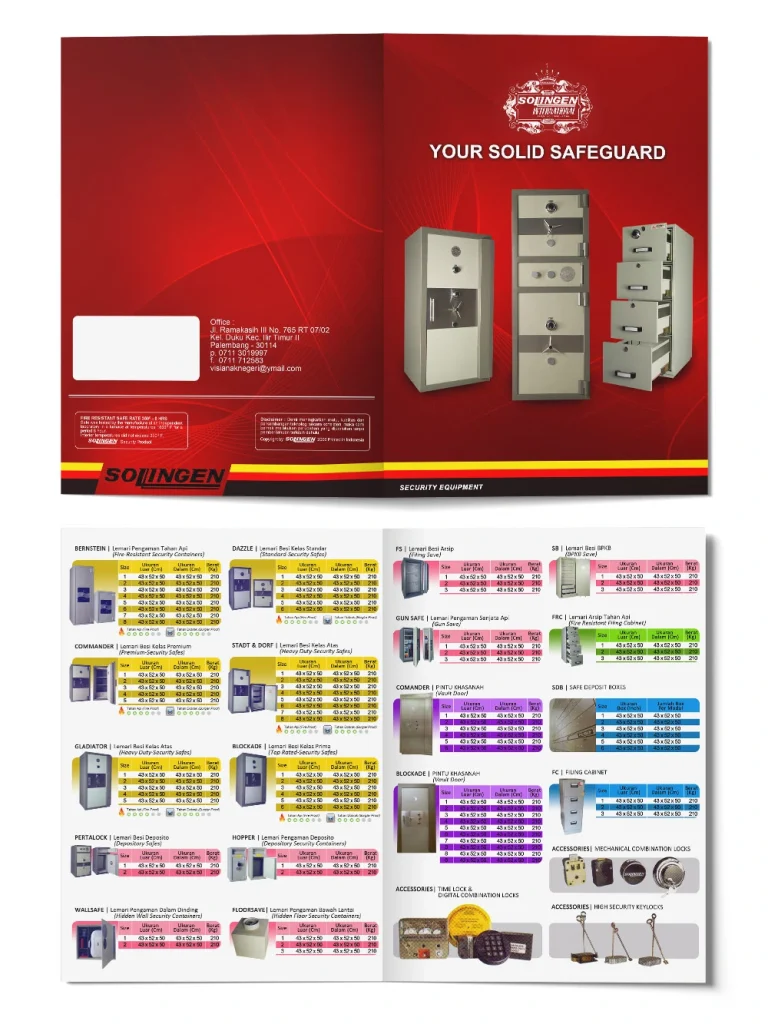 Portofolio desain katalog produk brankas Solingen International, menampilkan spesifikasi berbagai seri brankas tahan api, pintu khazanah, safe deposit boxes, dan aksesoris.