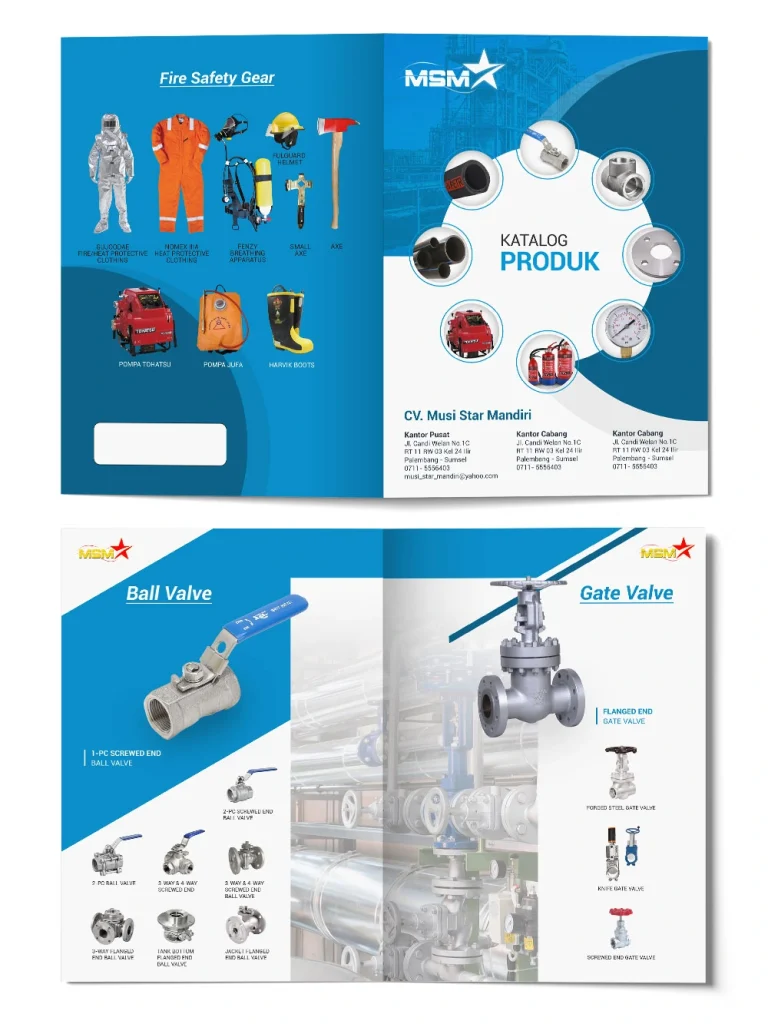 Portofolio desain katalog produk industri CV. Musi Star Mandiri, menampilkan spesifikasi ball valve, gate valve, dan perlengkapan fire safety gear.