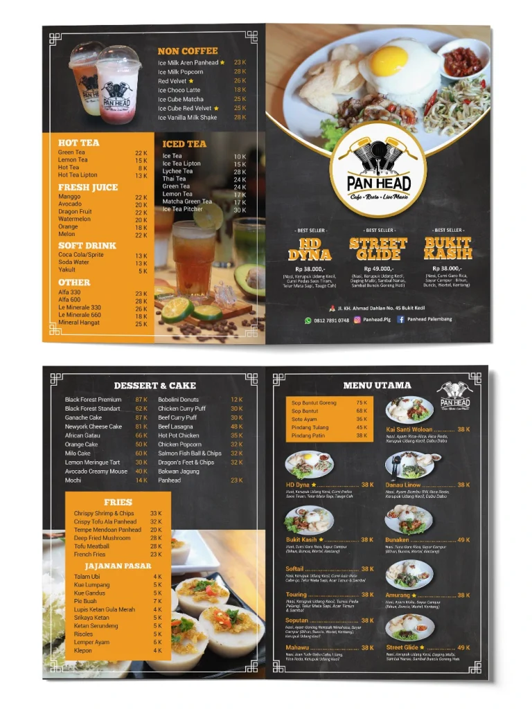 Desain menu kafe dan restoran Panhead Palembang dengan tata letak visual elegan bernuansa gelap dan profesional.