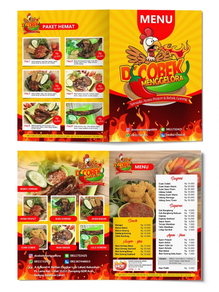 Desain menu restoran D'Cobek Menggelora Lahat dengan tata letak visual bernuansa cerah dan berkarakter kuat.