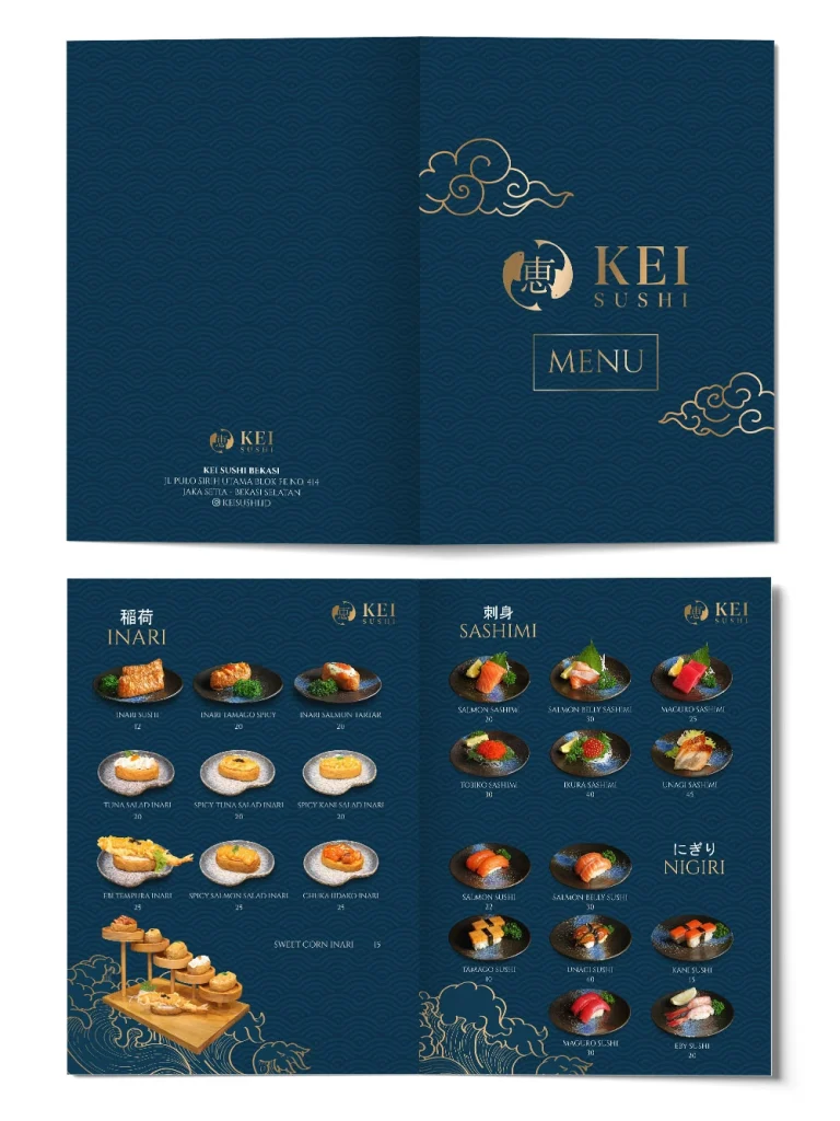 Desain menu restoran Jepang Kei Sushi dengan tata letak visual elegan bernuansa biru tua dan aksen emas profesional.