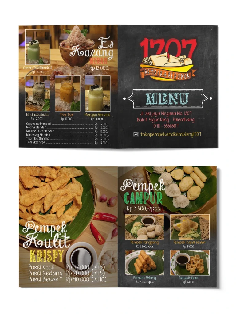 Desain menu restoran Pempek 1707 Palembang dengan tata letak visual kreatif bernuansa papan tulis gelap dan profesional.