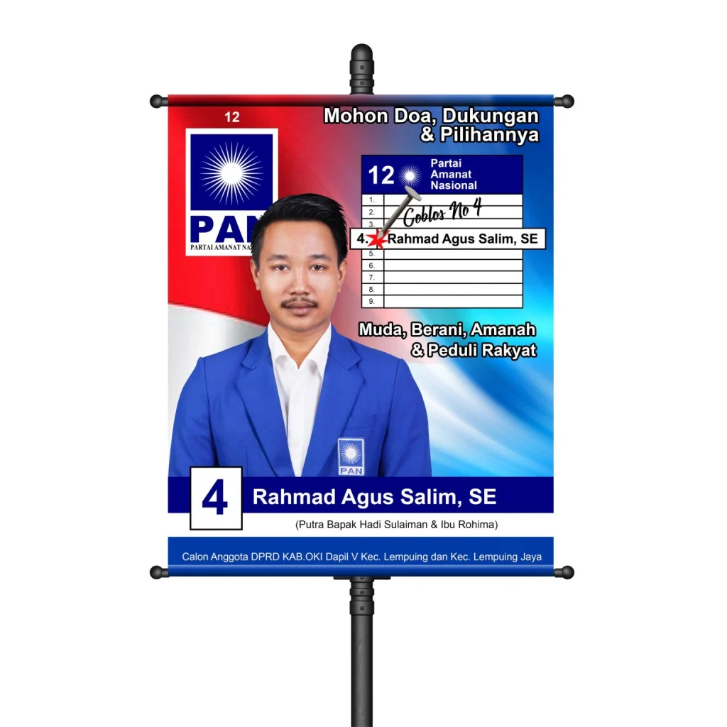 Desain banner kampanye calon legislatif Rahmad Agus Salim, SE dari Partai Amanat Nasional nomor urut 12 untuk DPRD Kabupaten OKI Dapil V.