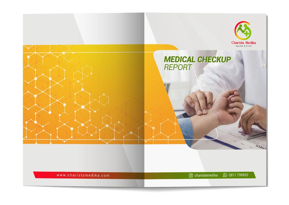 Desain map folder Medical Checkup Report Charista Medika Palembang dengan tema kuning profesional dan grafis struktur molekul.