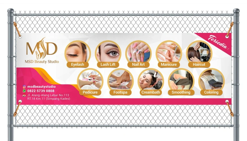 Desain spanduk MSD Beauty Studio Palembang dengan tata letak visual promosi perawatan kecantikan yang elegan dan profesional.