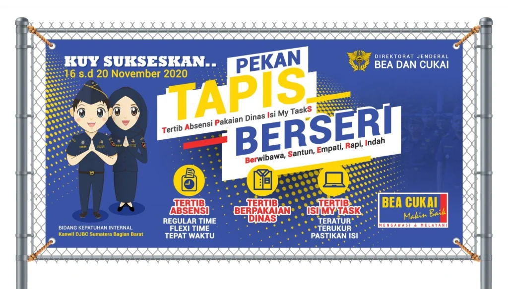 Desain spanduk Pekan TAPIS BERSERI Bea Cukai Kanwil Sumatera Bagian Barat dengan tata letak visual sosialisasi kedisiplinan instansi yang rapi dan profesional.