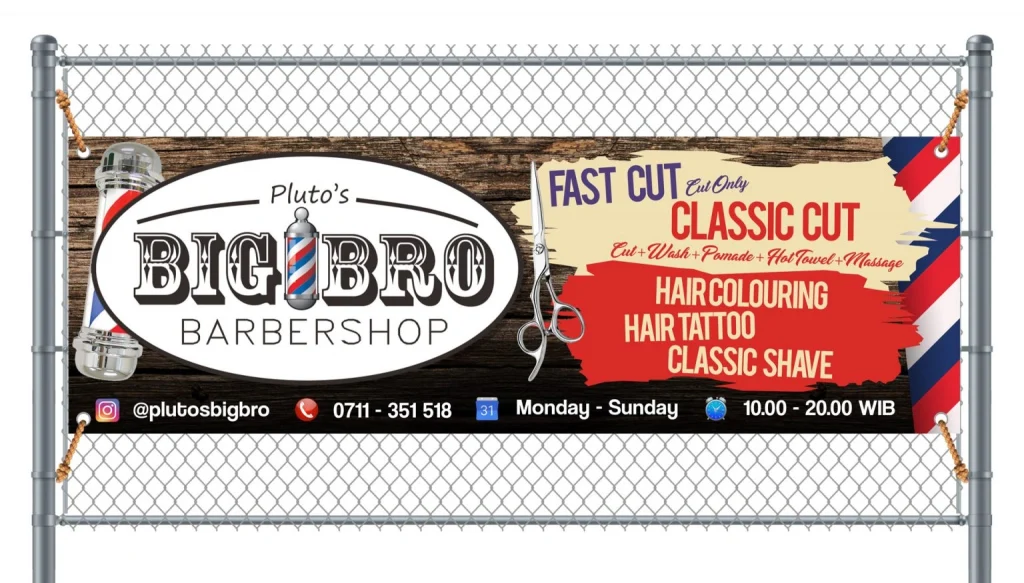 Desain spanduk Pluto's Bigbro Barbershop Palembang dengan tata letak visual vintage maskulin dan profesional.