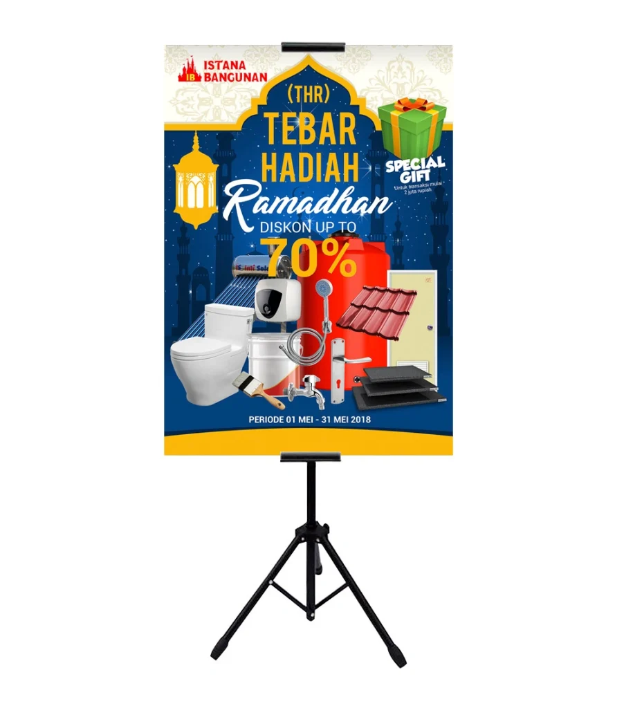 Desain standing banner promo Ramadhan Istana Bangunan Palembang menampilkan program Tebar Hadiah Ramadhan diskon up to 70% dan special gift.