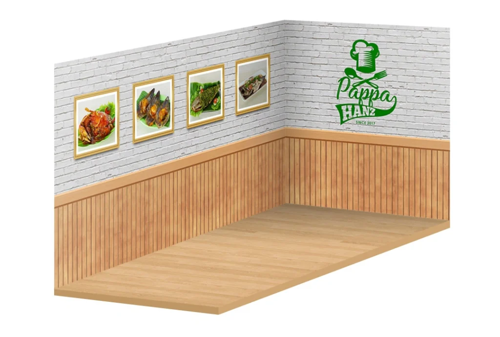 Desain sticker wallpaper restoran Pappa Hanz menampilkan motif dinding bata putih, panel kayu vertikal, bingkai foto menu, dan logo restoran.