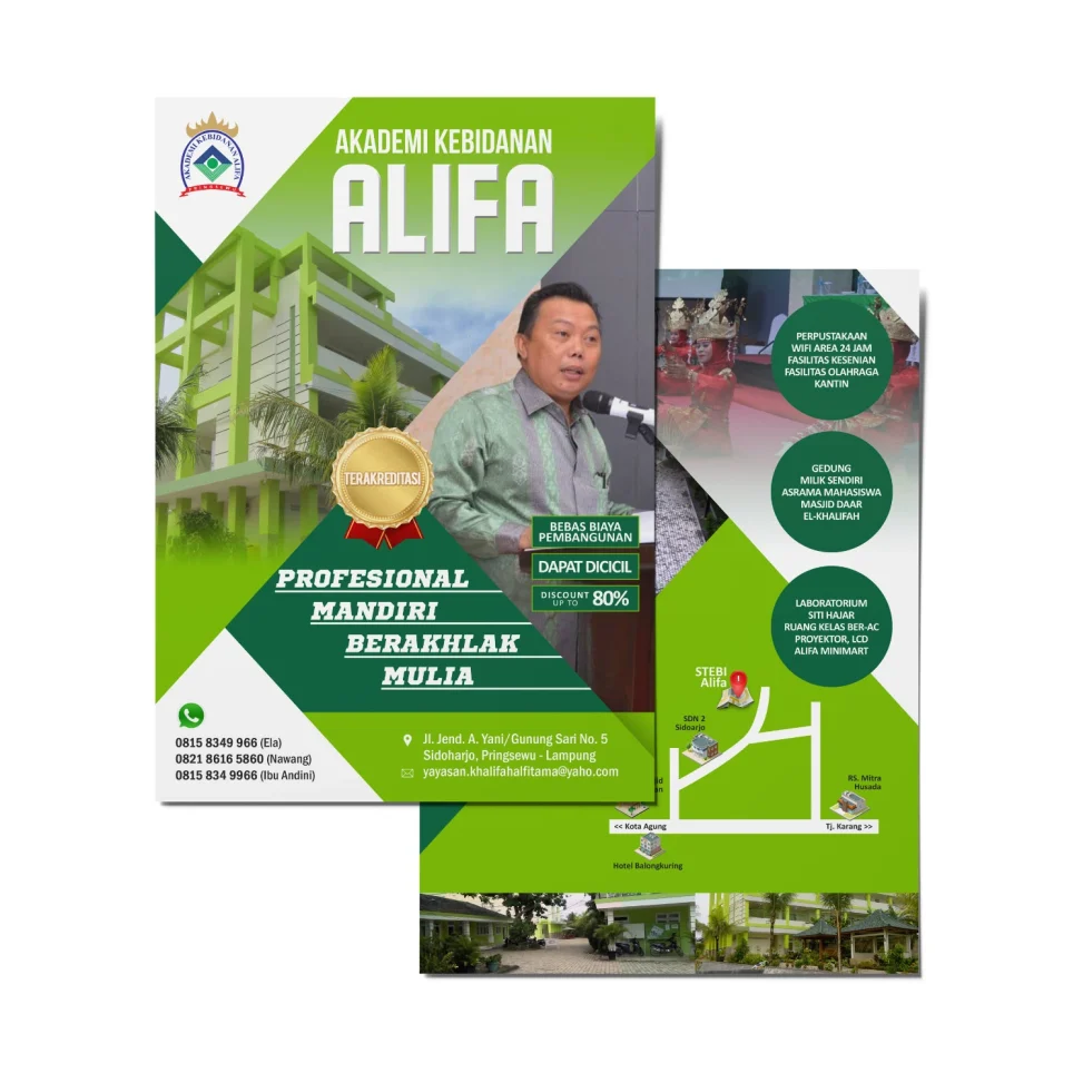 Desain brosur penerimaan mahasiswa baru Akademi Kebidanan Alifa Pringsewu Lampung dengan tema hijau profesional menampilkan fasilitas kampus, peta lokasi, dan detail biaya pendidikan.