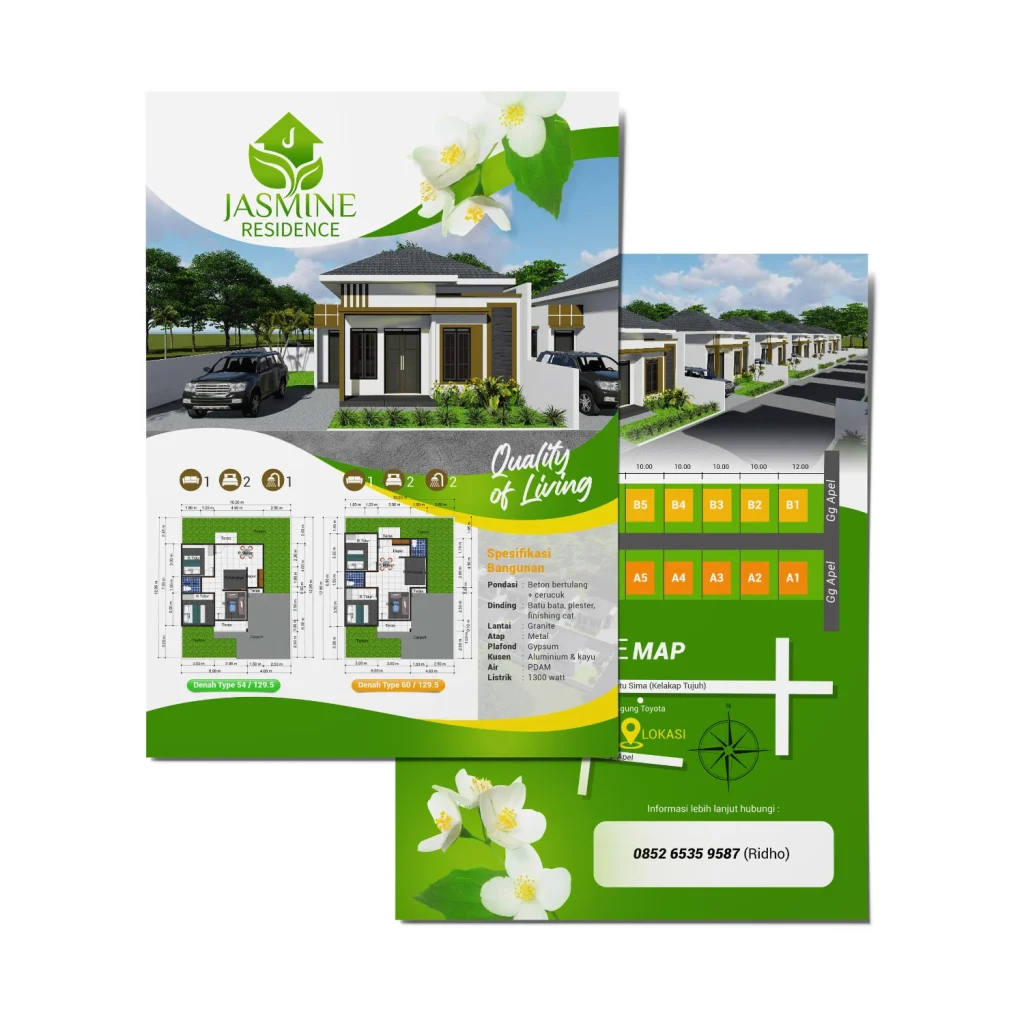 Desain brosur perumahan Jasmine Residence menampilkan visual fasad rumah modern, denah tipe 54 dan tipe 60, spesifikasi bangunan, serta site plan lokasi.