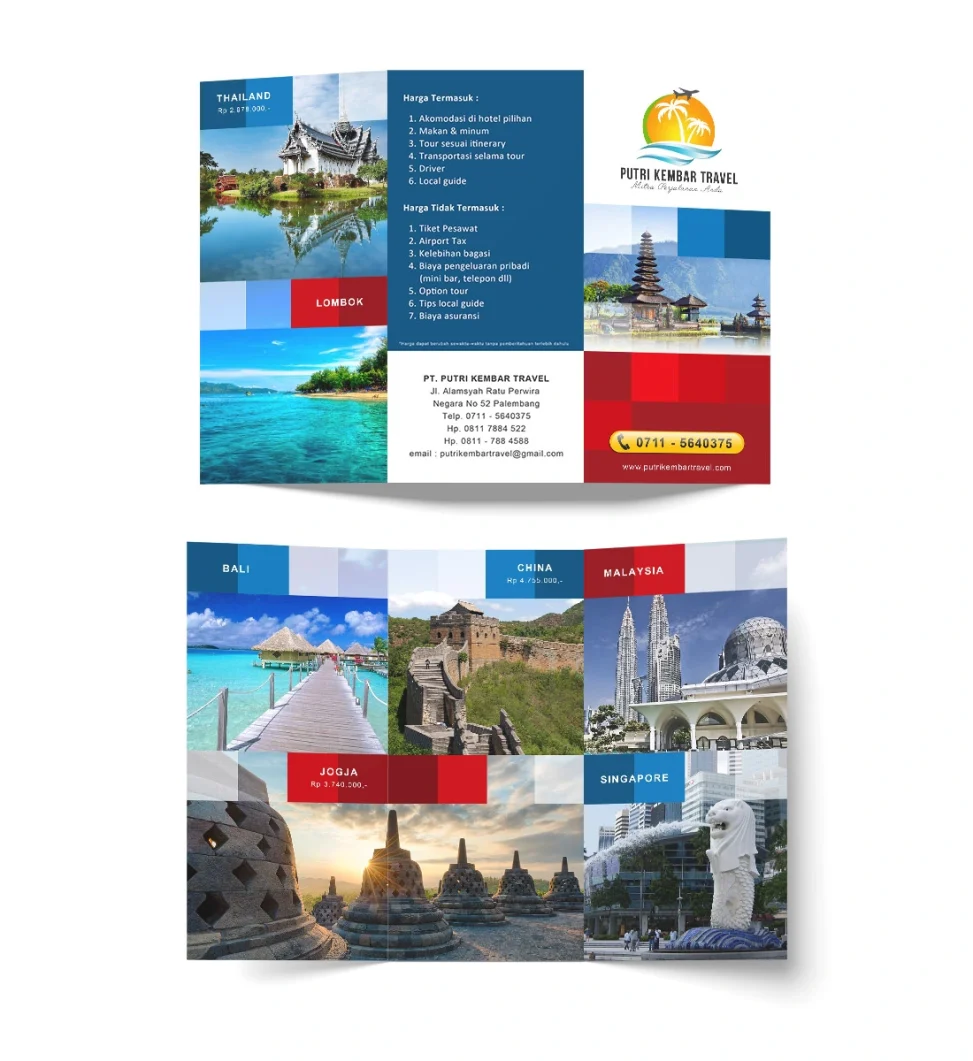 Desain brosur paket tour travel Putri Kembar Travel Palembang dengan destinasi Thailand, Bali, Lombok, Jogja, China, Malaysia, dan Singapura menggunakan layout kotak modern.