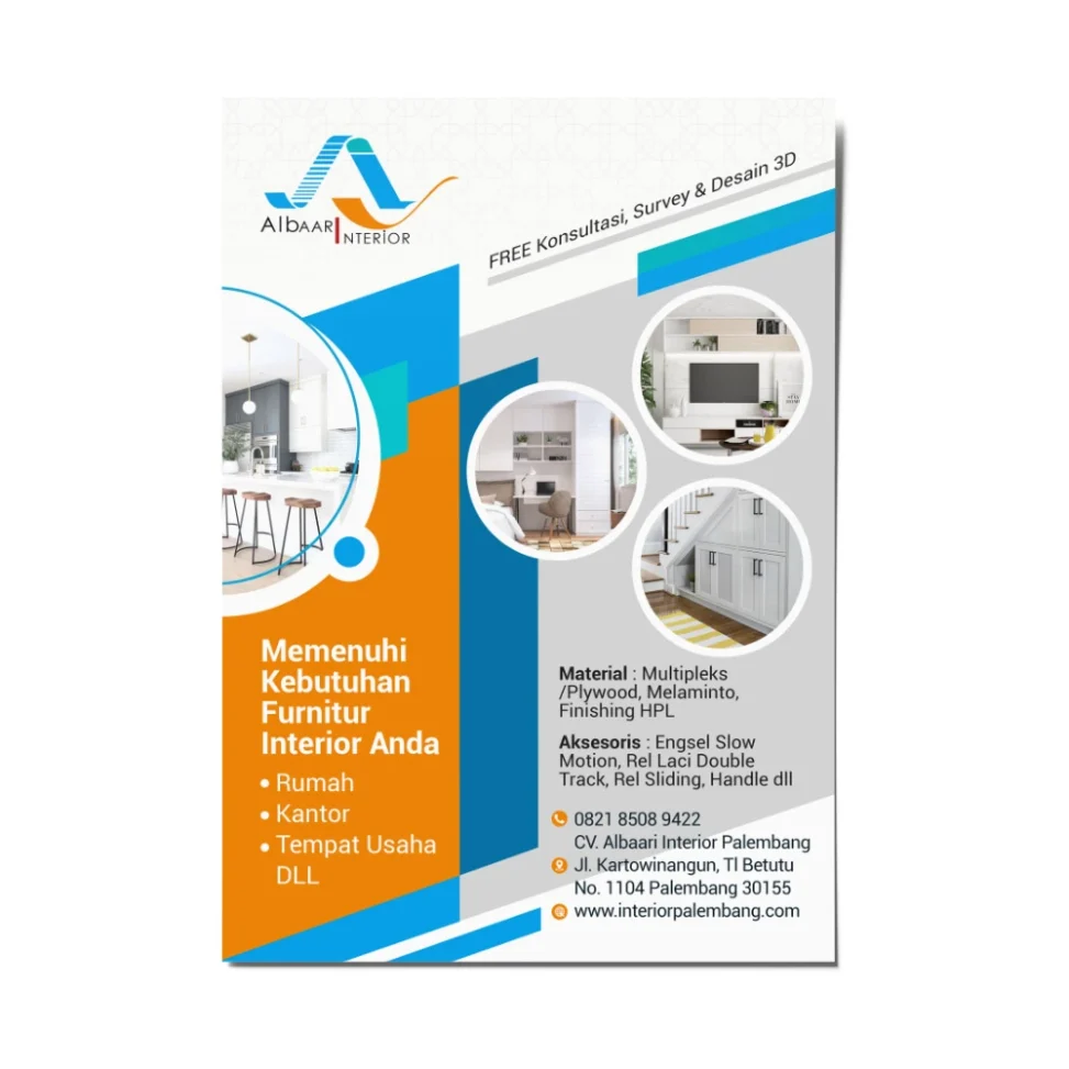 Desain flyer CV Albaari Interior Palembang menampilkan jasa pembuatan furnitur interior rumah dan kantor dengan material multipleks finishing HPL serta penawaran gratis survei dan desain 3D.