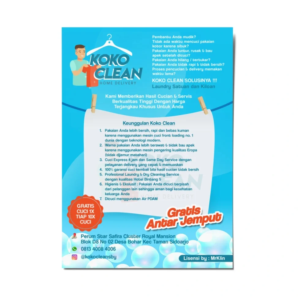 Desain flyer jasa laundry Koko Clean Sidoarjo dengan layanan antar jemput gratis, menampilkan keunggulan cuci express 4 jam dan penggunaan mesin cuci teknologi modern.