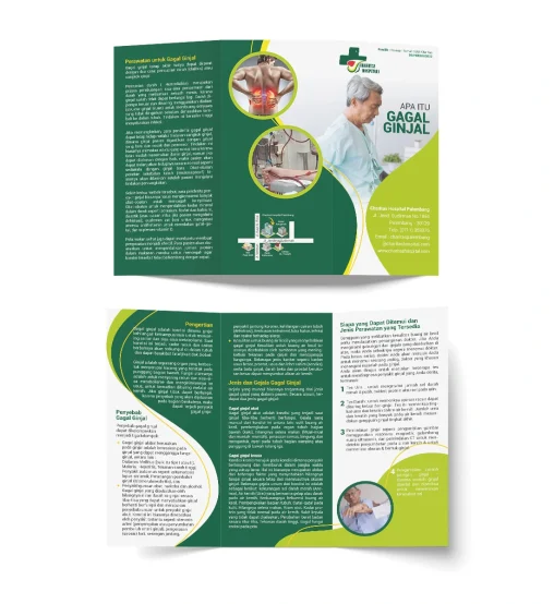 Desain brosur edukasi kesehatan Charitas Hospital Palembang mengenai gagal ginjal, mencakup gejala, penyebab, diagnosis, dan metode perawatan medis seperti hemodialisa dan cangkok ginjal.