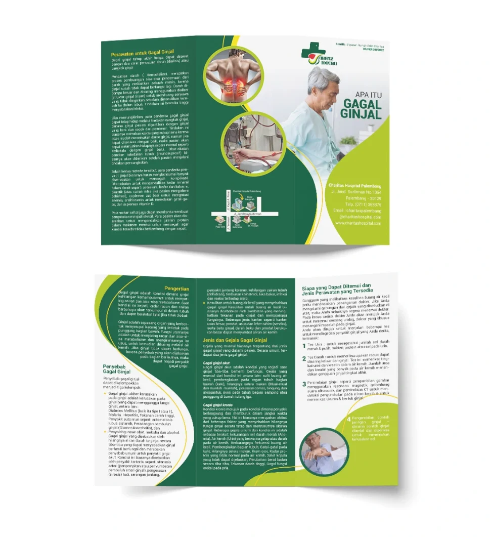 Desain brosur edukasi kesehatan Charitas Hospital Palembang mengenai gagal ginjal, mencakup gejala, penyebab, diagnosis, dan metode perawatan medis seperti hemodialisa dan cangkok ginjal.
