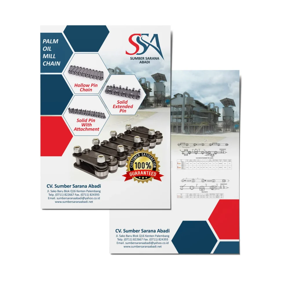Portofolio desain brosur industrial CV Sumber Sarana Abadi Palembang menampilkan berbagai jenis rantai industri kelapa sawit (Palm Oil Mill Chain) seperti Hollow Pin Chain dan Solid Extended Pin.