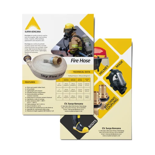 Desain brosur dua sisi produk Fire Hose Sky Fire Hose dari CV. Surya Kencana Palembang, menampilkan data teknis selang pemadam, helm safety, masker gas, dan machino coupling.