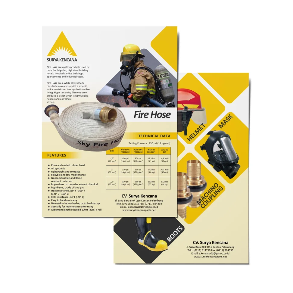 Desain brosur dua sisi produk Fire Hose Sky Fire Hose dari CV. Surya Kencana Palembang, menampilkan data teknis selang pemadam, helm safety, masker gas, dan machino coupling.