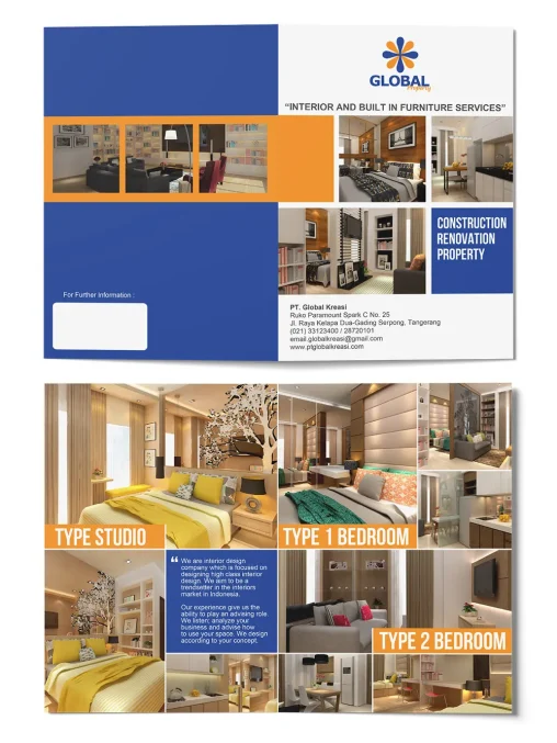 Portofolio desain brosur jasa interior dan furnitur Global Property menampilkan galeri proyek tipe studio, 1 bedroom, dan 2 bedroom dengan gaya modern kontemporer.