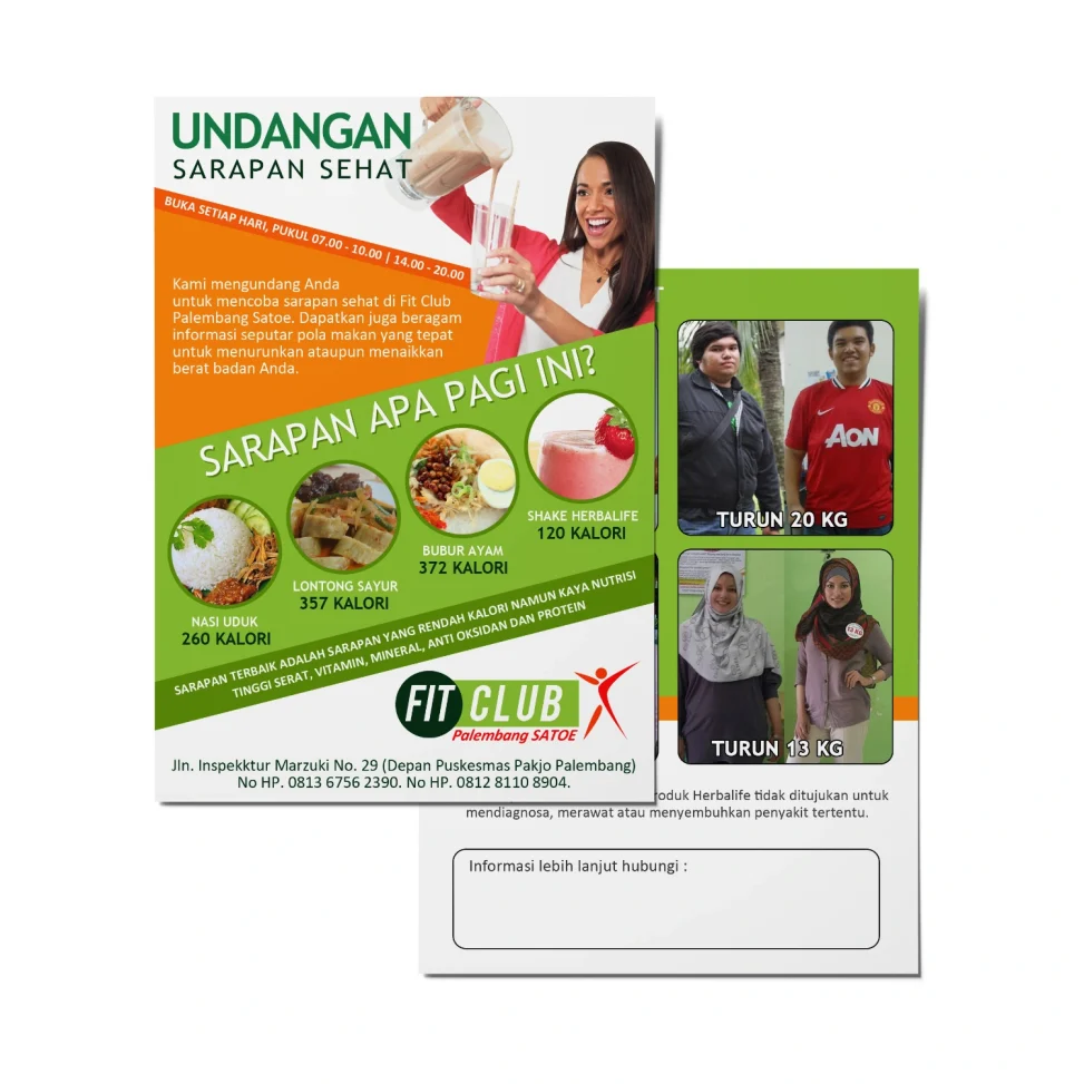 Desain brosur undangan sarapan sehat Fit Club Palembang Satoe, menampilkan perbandingan kalori menu sarapan populer dengan Shake Herbalife serta testimoni penurunan berat badan.