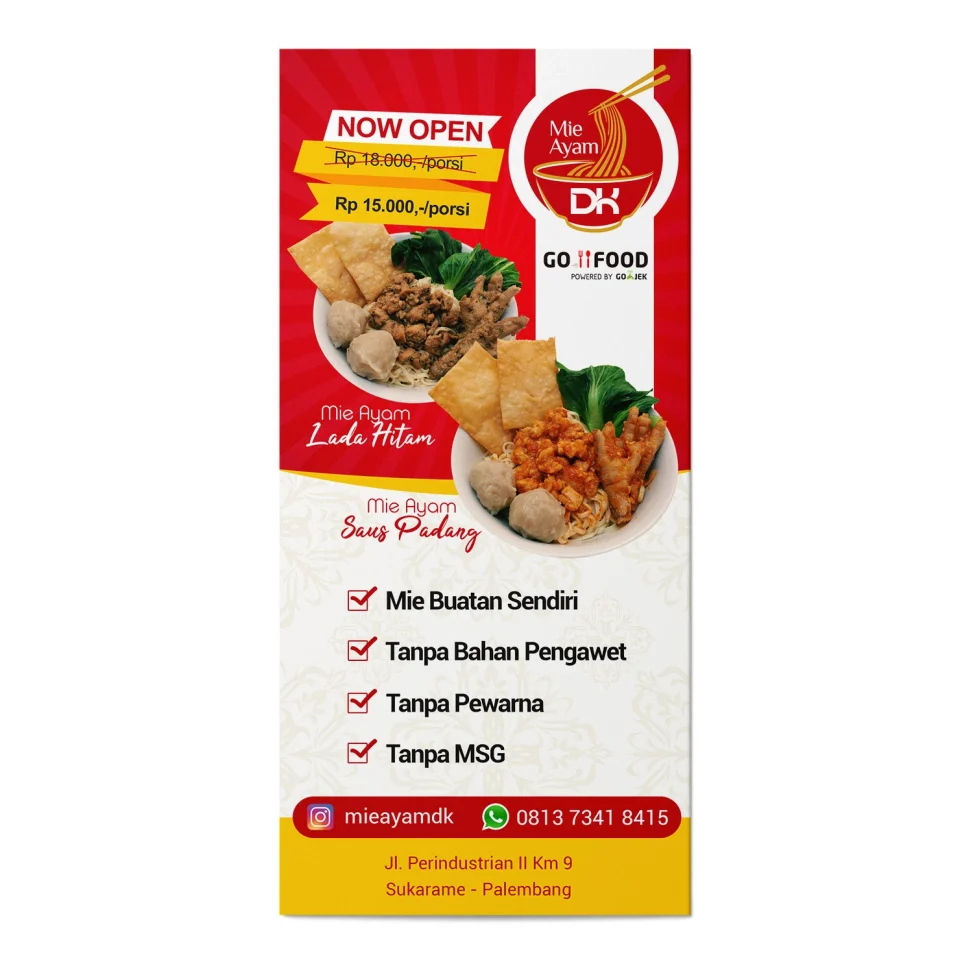 Desain flyer promosi Mie Ayam DK Palembang menampilkan menu Mie Ayam Lada Hitam dan Mie Ayam Saus Padang dengan info harga promo, keunggulan produk tanpa pengawet, dan lokasi di Sukarame.